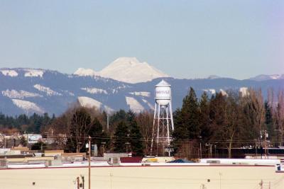 View from I-5 of Downtown Marysville, Mt Baker in background