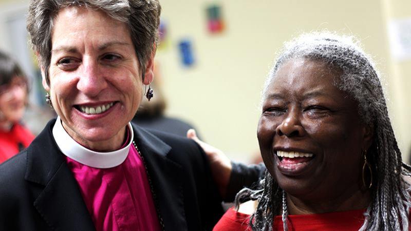 Presiding Bishop Katharine Jefferts Schori joins one of our members in celebrating our 90th anniversary celebration during 2013
